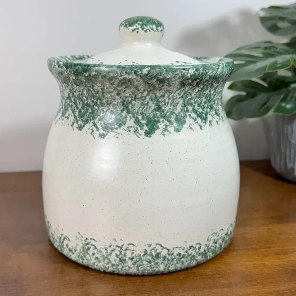 Vintage 80s Apple Cookie Jar Canister Medium Green Spongeware Ceramic Signed